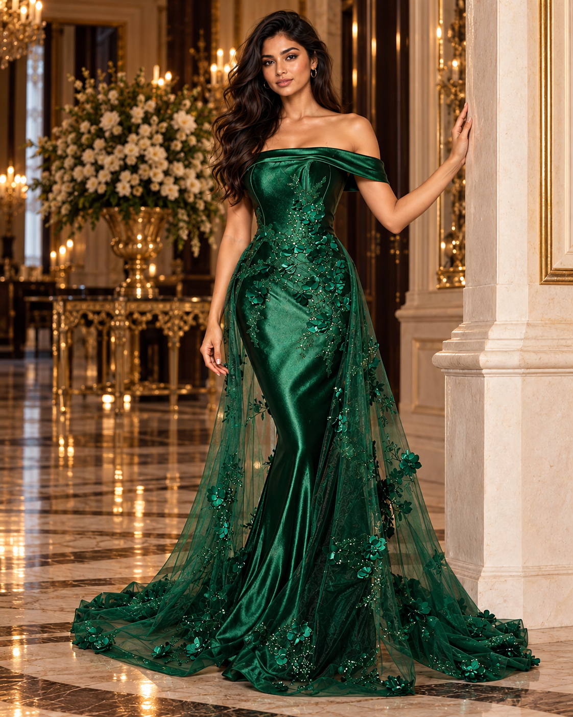 Embellished Satin Fitted Gown with Tulle Overskirt