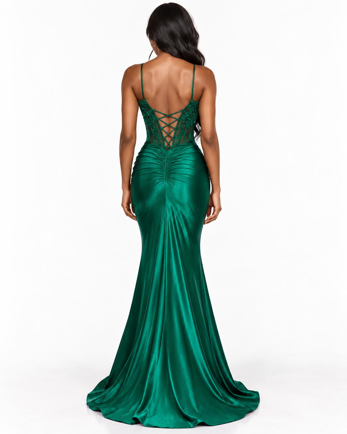 Embellished Sheer Corset Bodice Lace-Up Back Gown