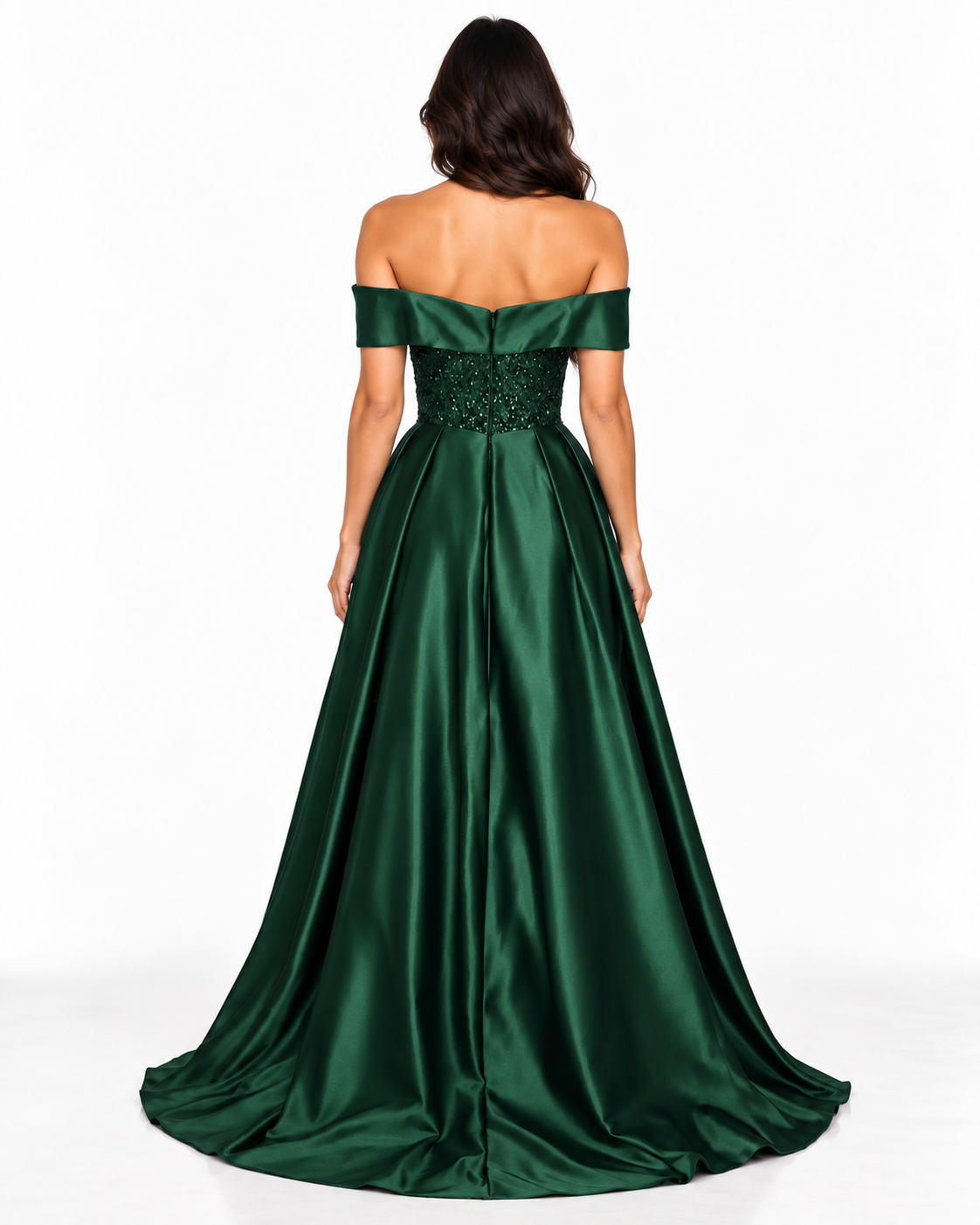 Off Shoulder Satin & Sequin Ball Gown with Leg Slit