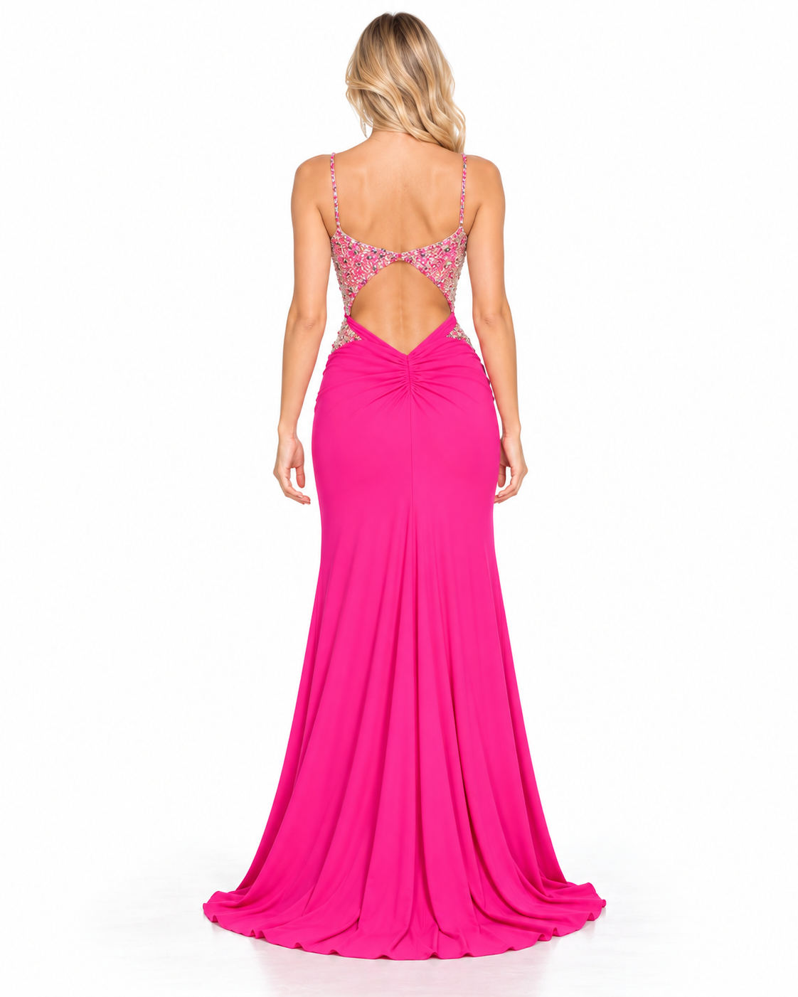 Fitted Stretch Net Gown with Beaded Bodice and Leg Slit