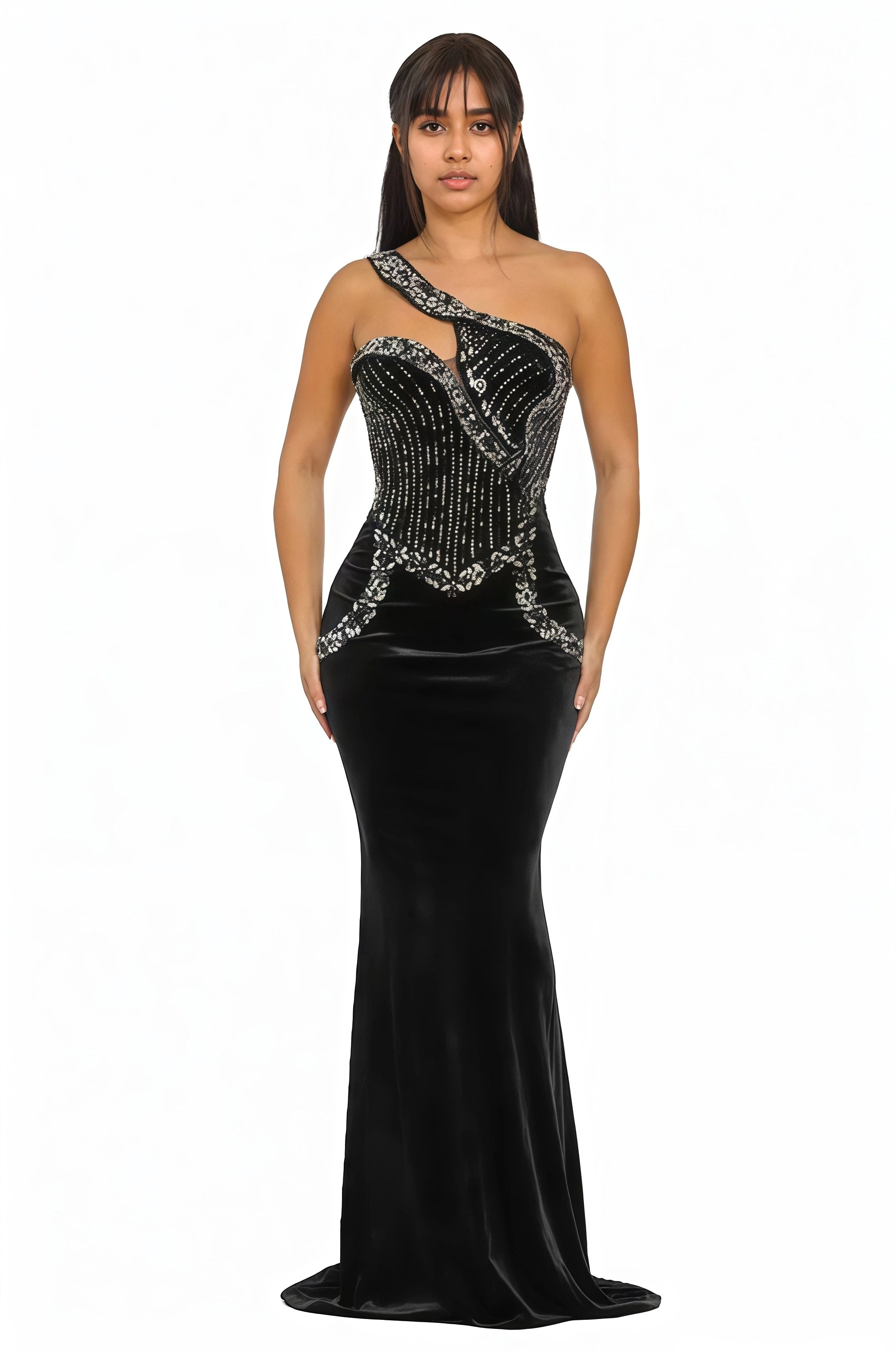 Velvet and Rhinestone One Shoulder Mermaid Maxi Dress