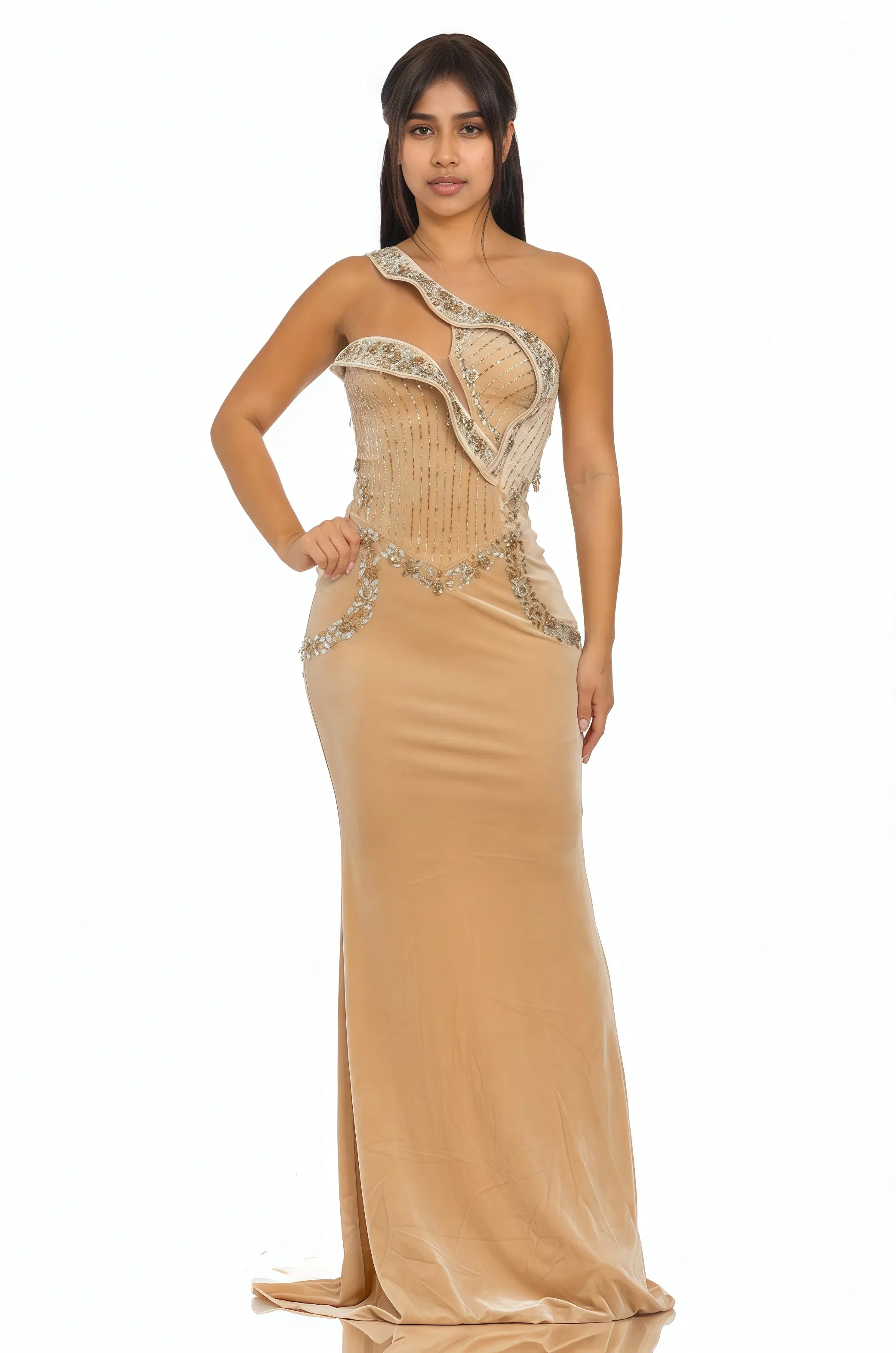 Velvet and Rhinestone One Shoulder Mermaid Maxi Dress