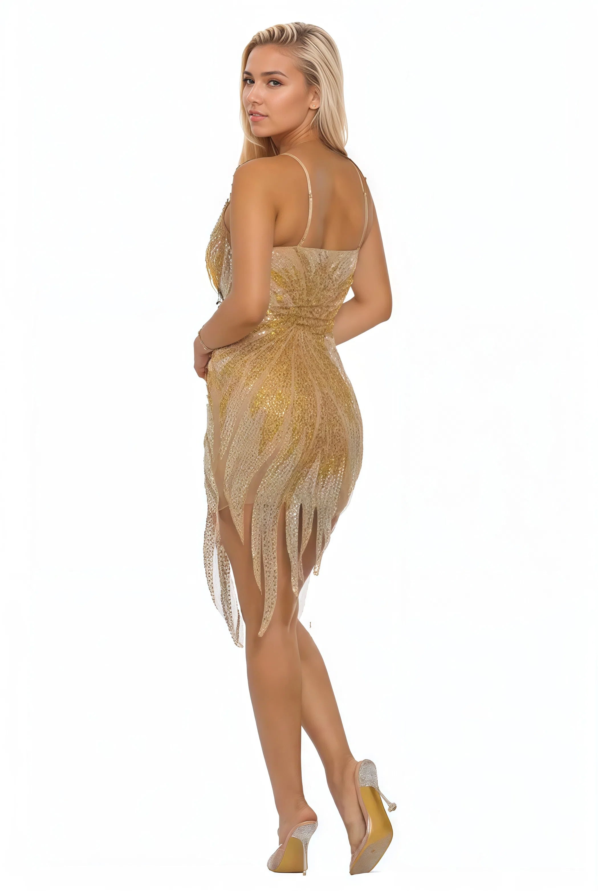 Rhinestone Suspender Dynamic Leaf Hem Mini Dress