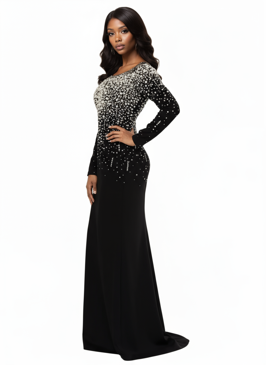 Long Sleeve Pearl/Crystals Mermaid Dress