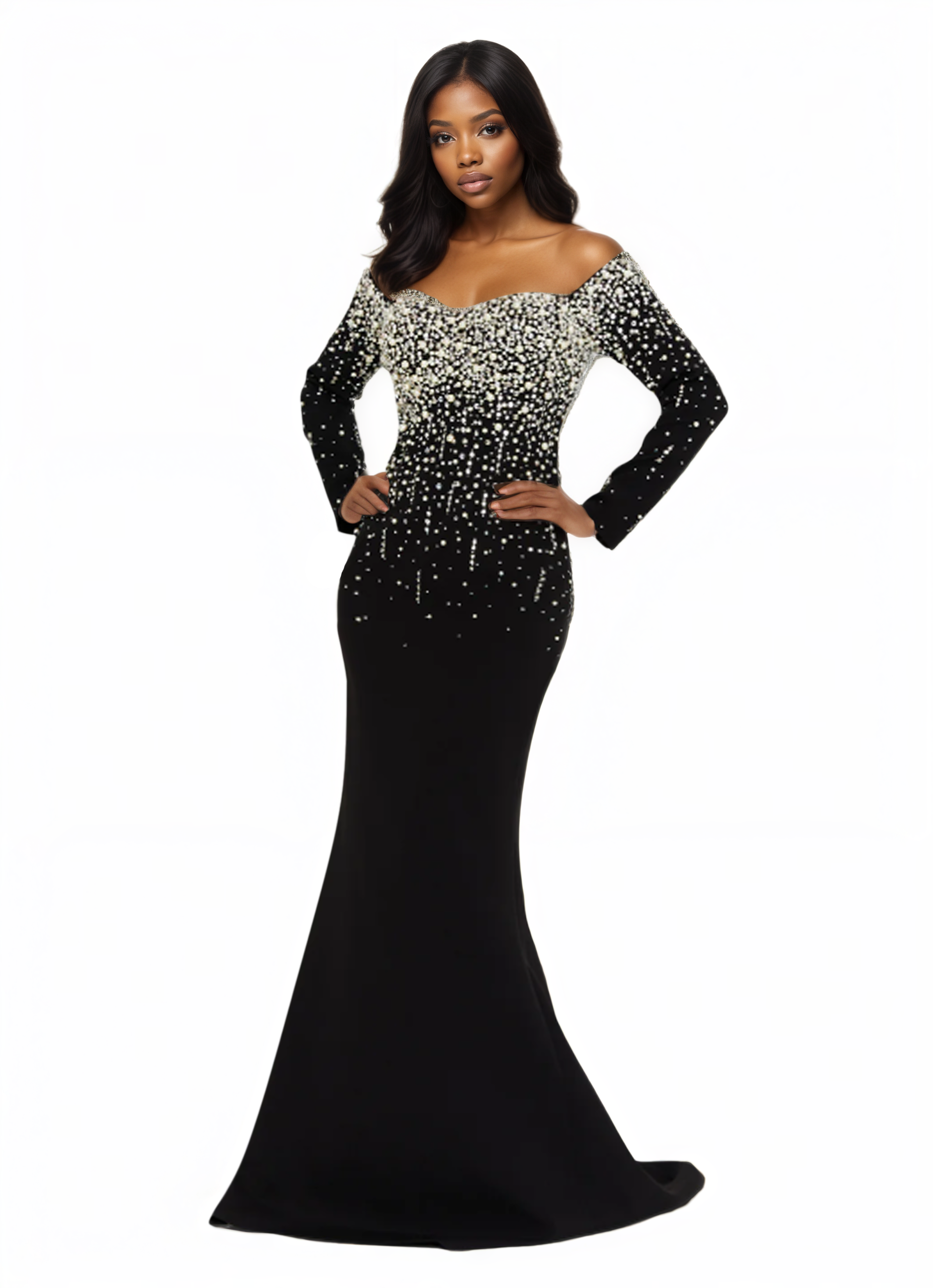 Long Sleeve Pearl/Crystals Mermaid Dress