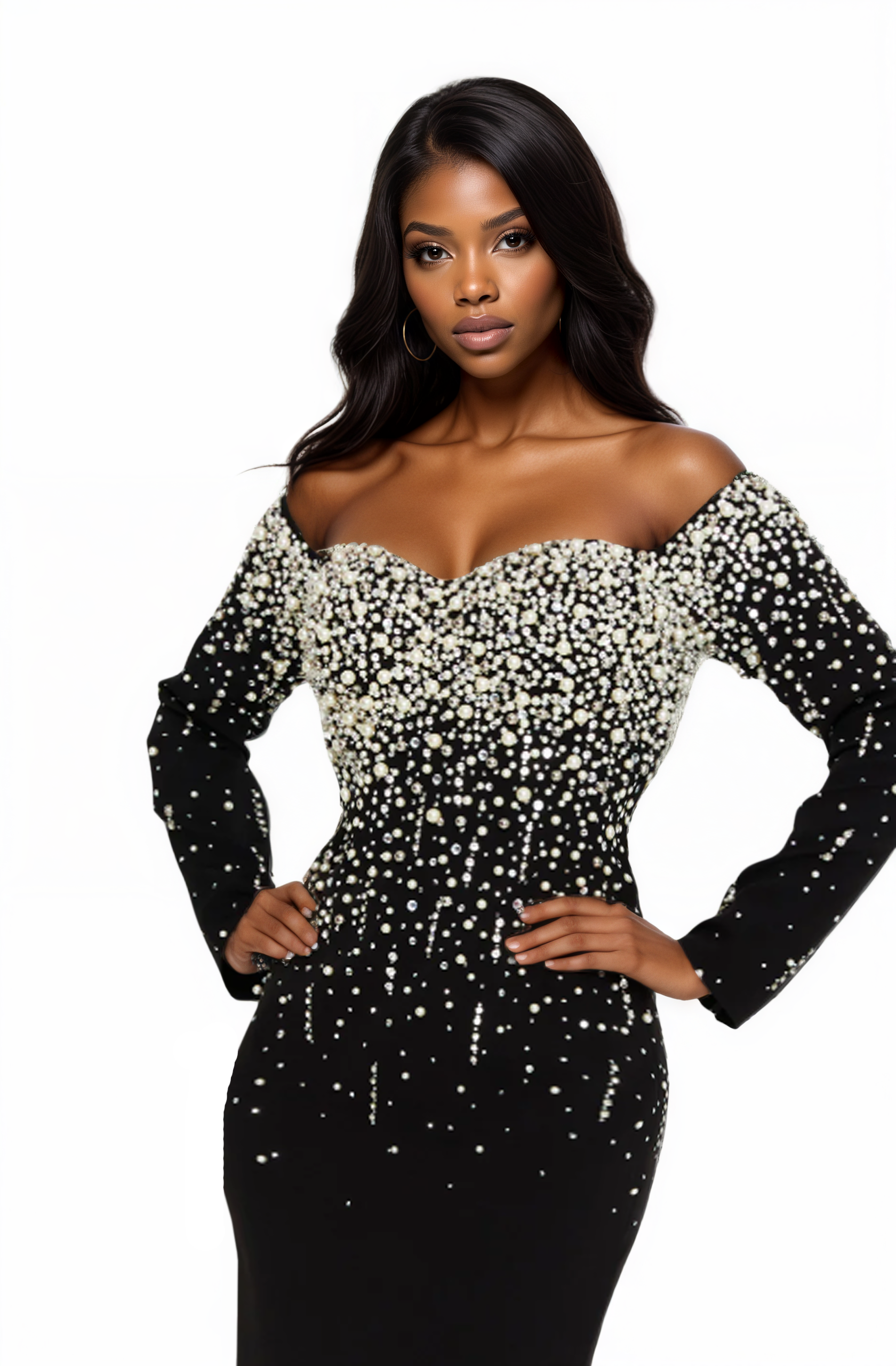 Long Sleeve Pearl/Crystals Mermaid Dress