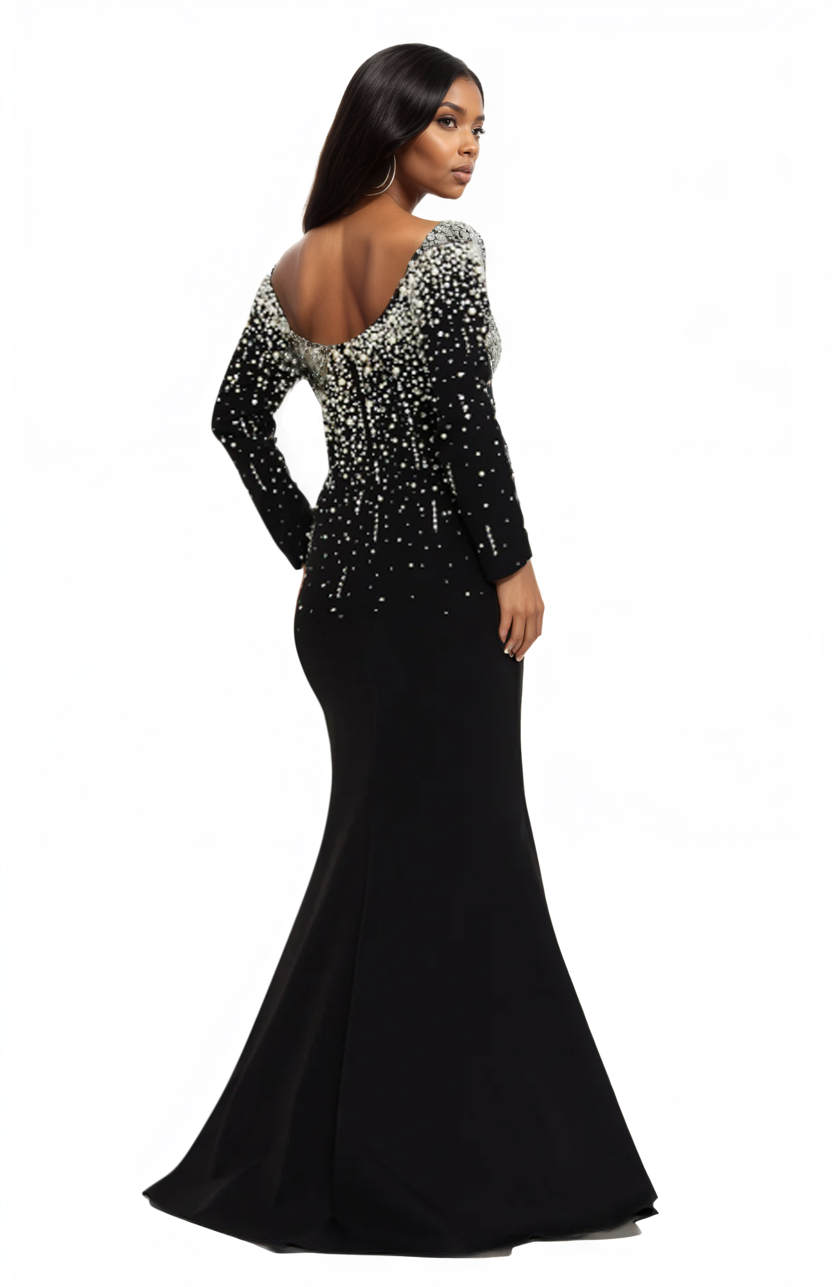 Long Sleeve Pearl/Crystals Mermaid Dress