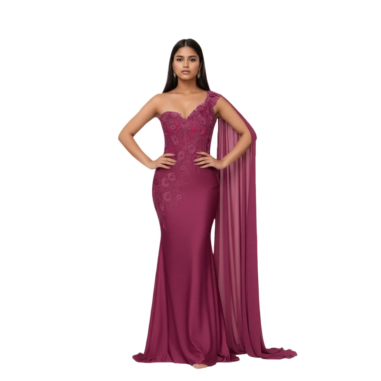 One-Shoulder Floral-Embroidered Mermaid Dress