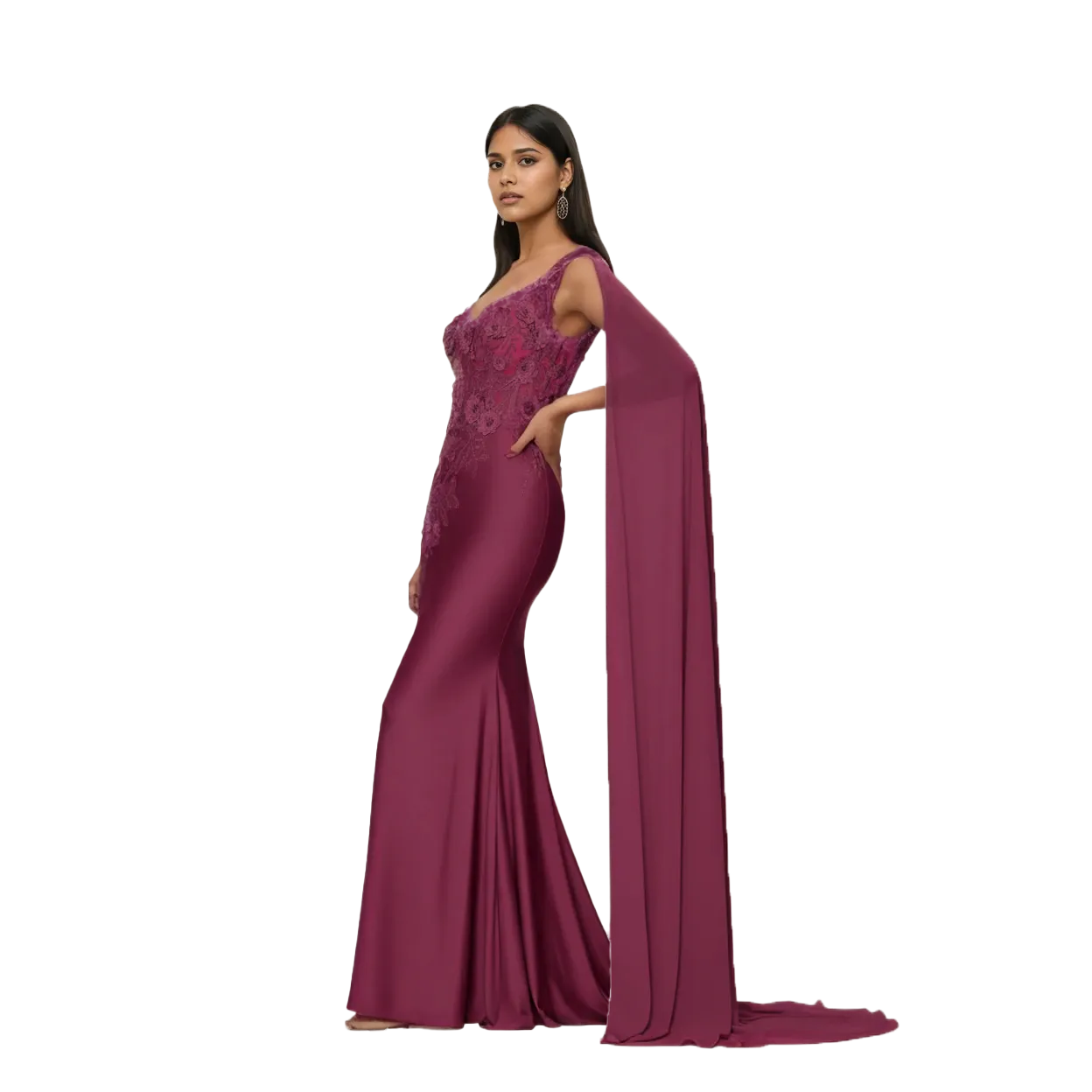 One-Shoulder Floral-Embroidered Mermaid Dress