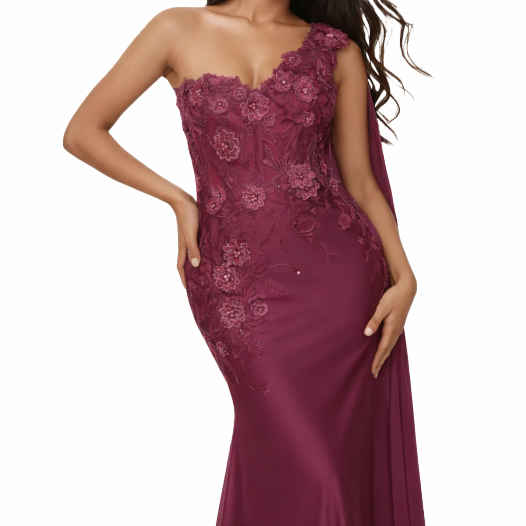 One-Shoulder Floral-Embroidered Mermaid Dress