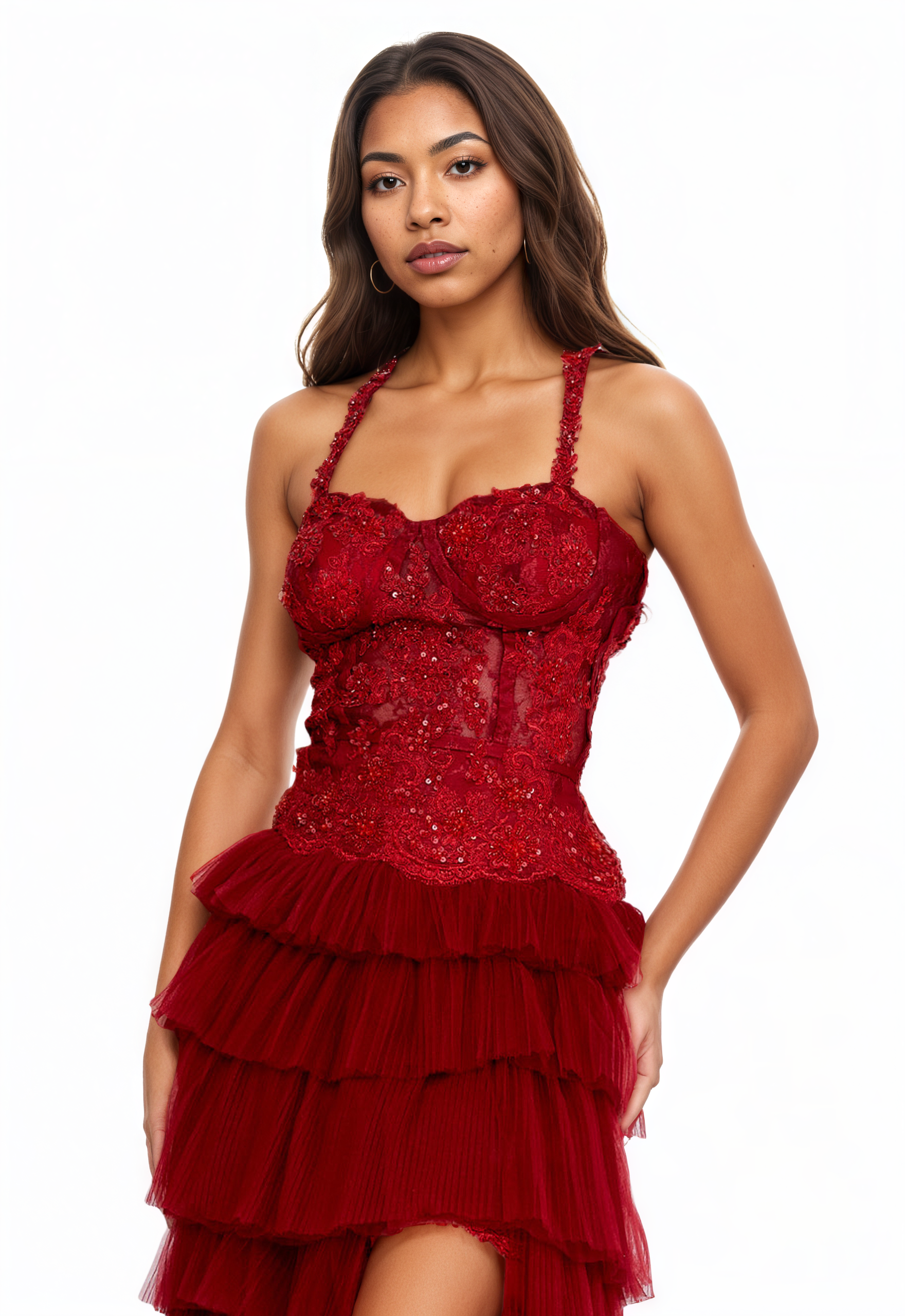 Sleeveless A- Line Lace Beaded Tulle Dress 