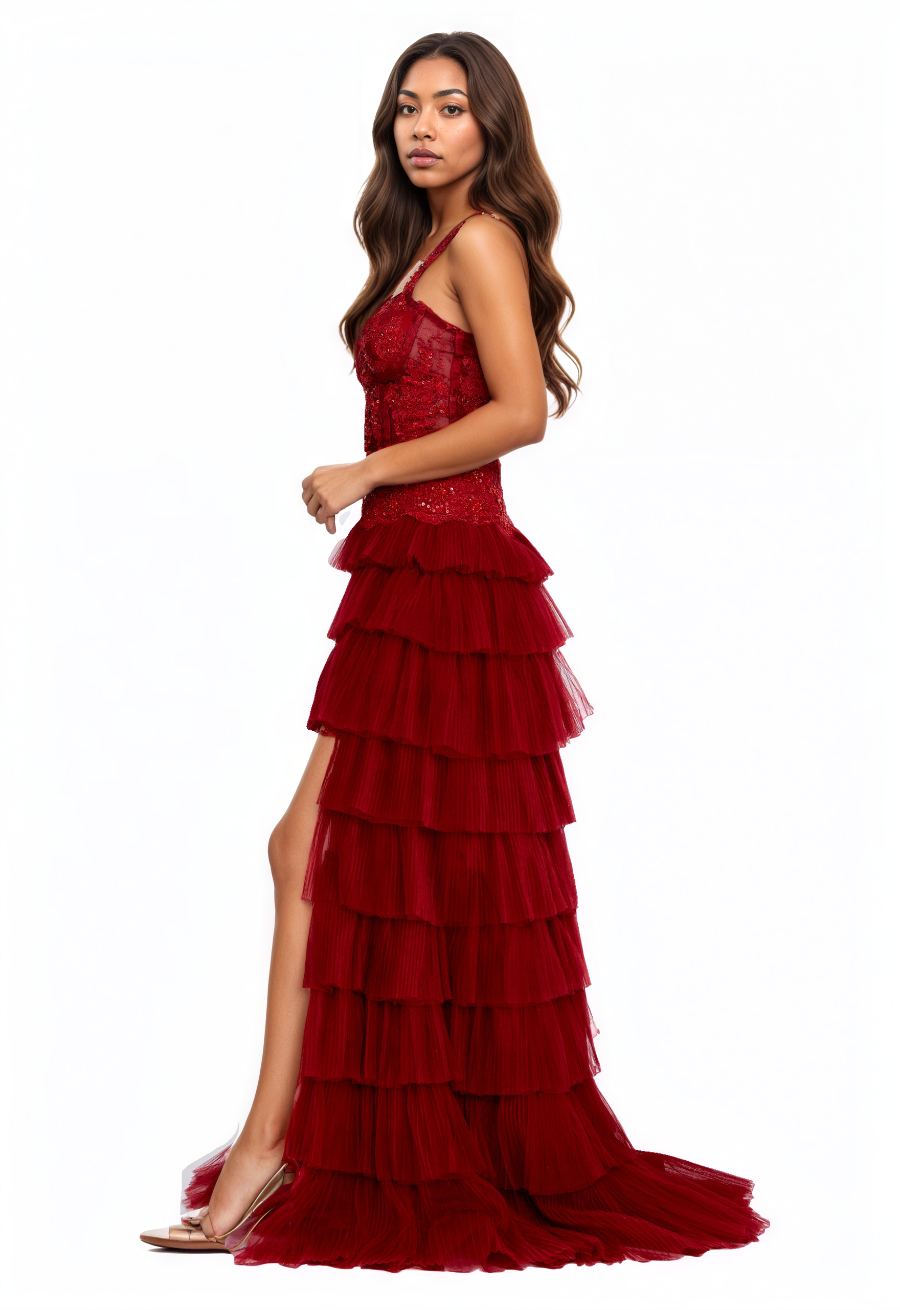 Sleeveless A- Line Lace Beaded Tulle Dress 