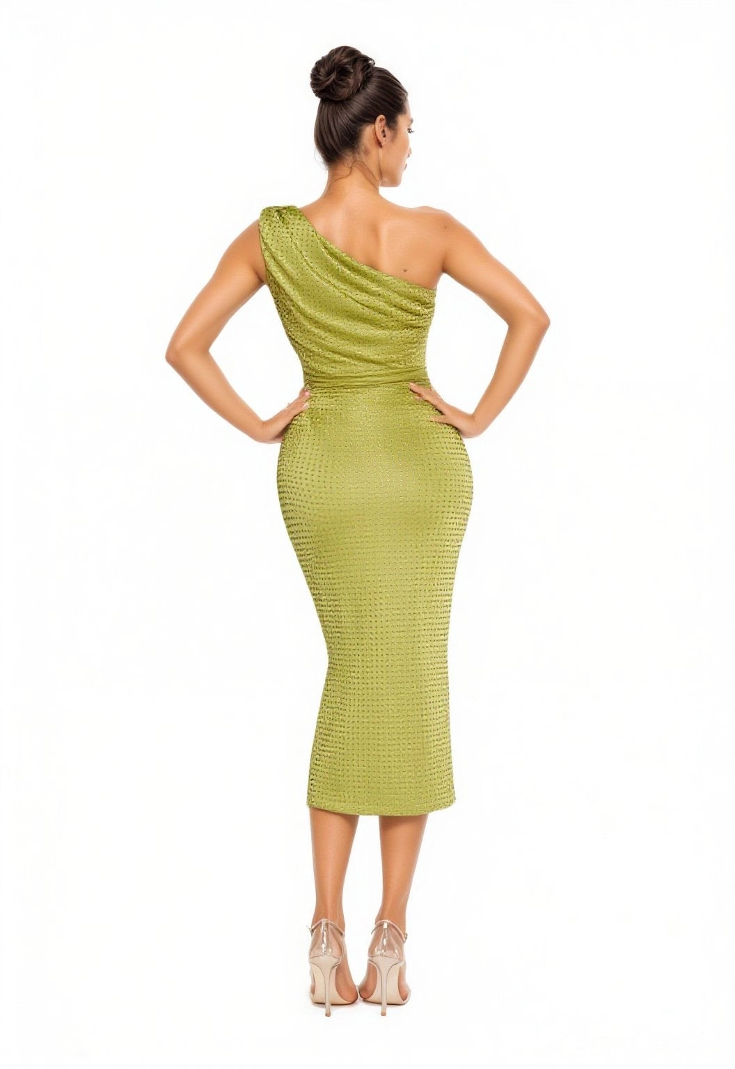 One Shoulder Midi Crepe Column Cocktail Dress