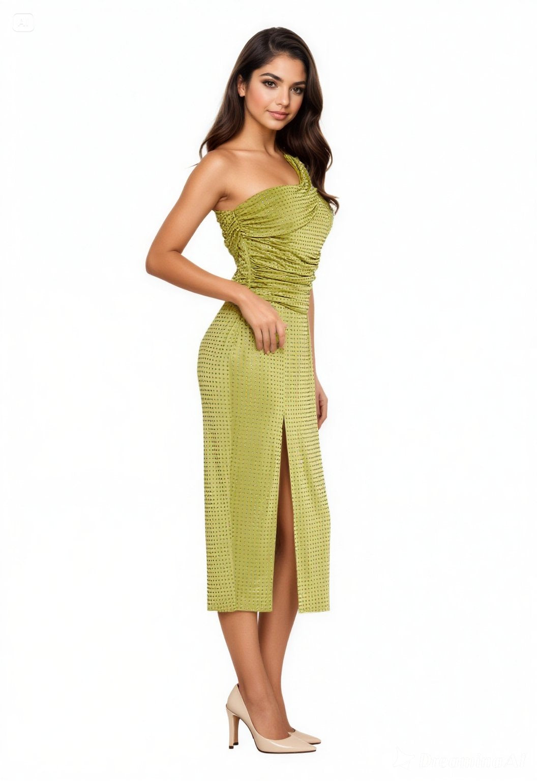One Shoulder Midi Crepe Column Cocktail Dress