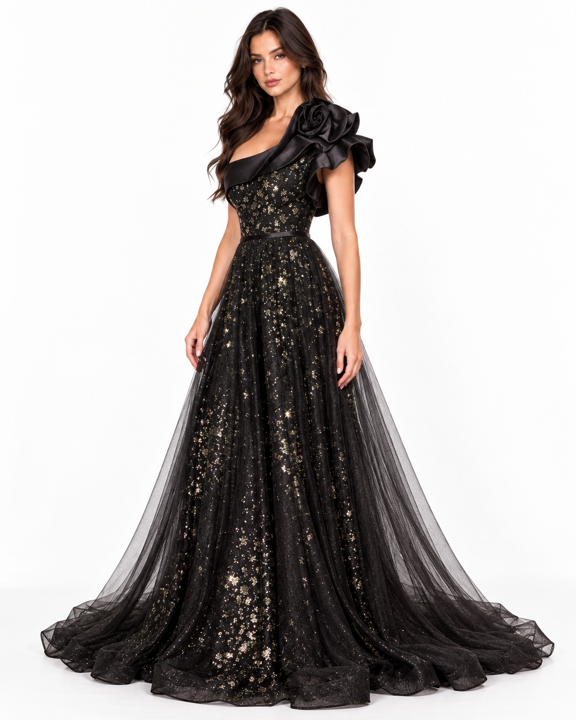 One Shoulder Black Ball Gown