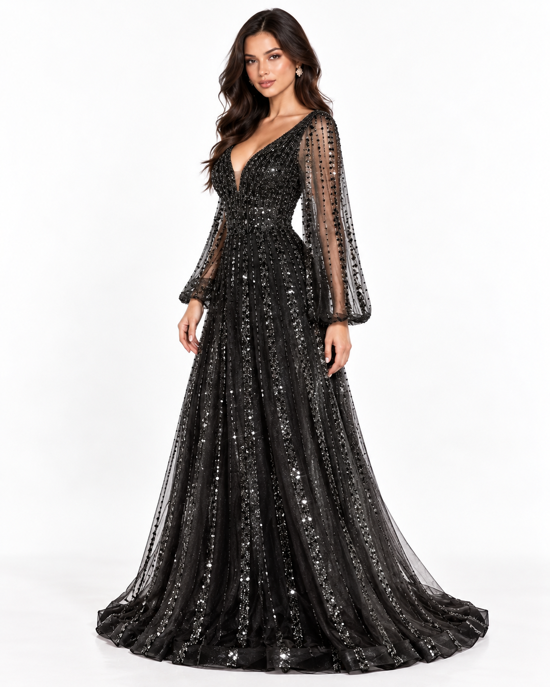 Long Sleeve A-Line Beaded Dress