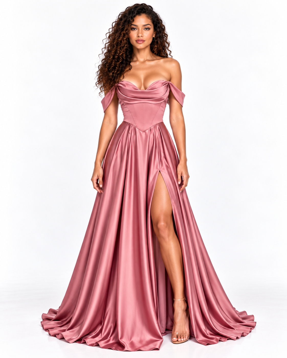 Off-the-Shoulder Pleated Satin A-Line Gown