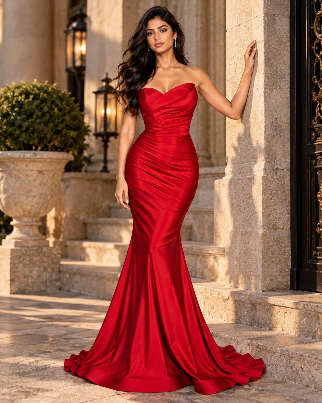 Strapless Sweetheart Ruched Satin Gown