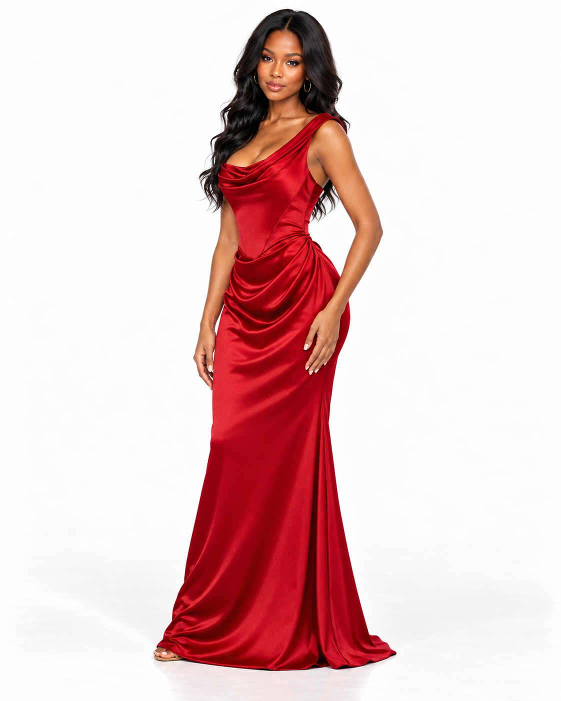 One Shoulder Draped Neckline with Ruched Waist Detailing