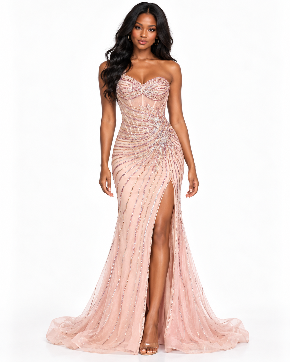 One Shoulder Crystal Fitted Gown with Leg Slit