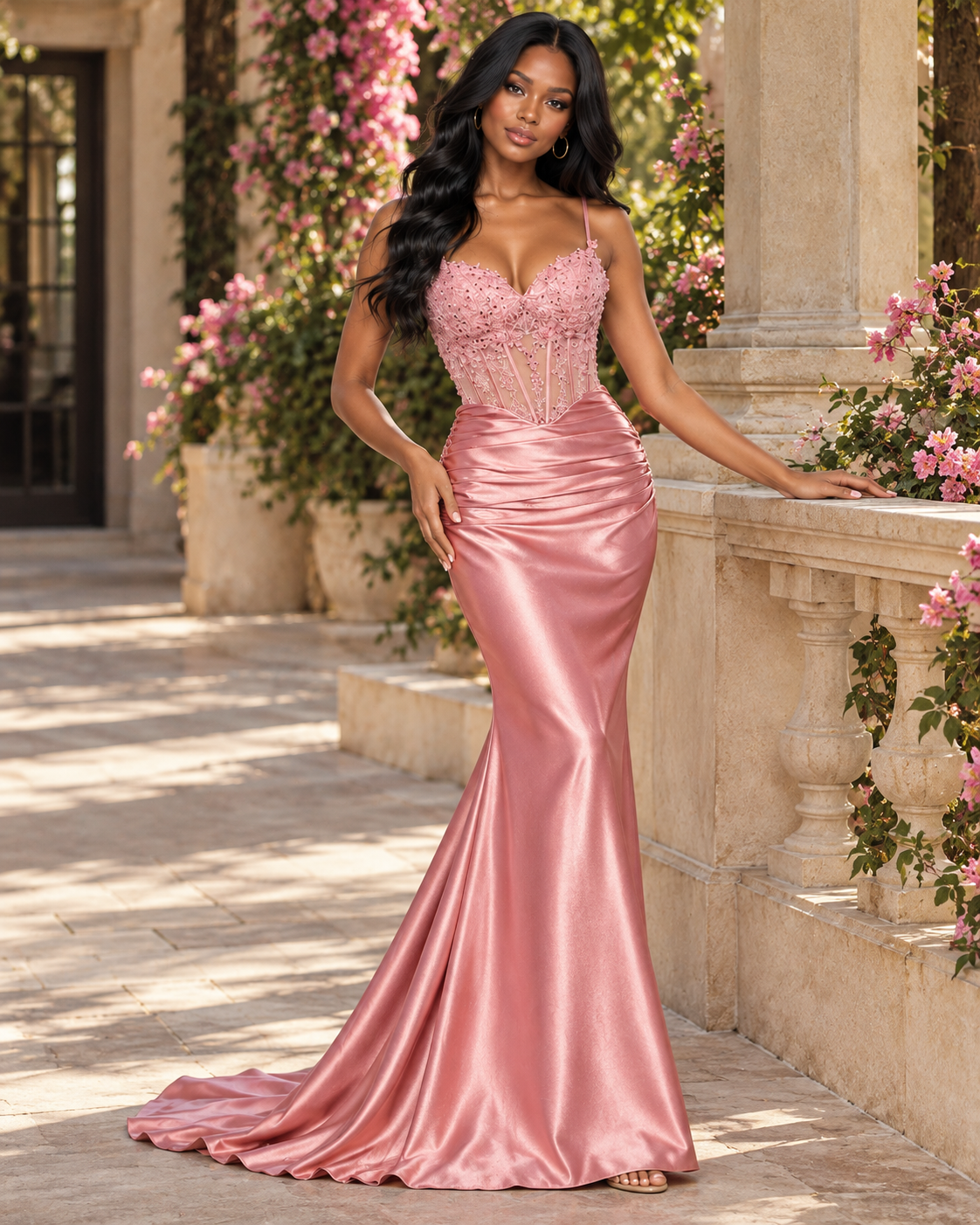 Embellished Sheer Corset Bodice Lace-Up Back Gown
