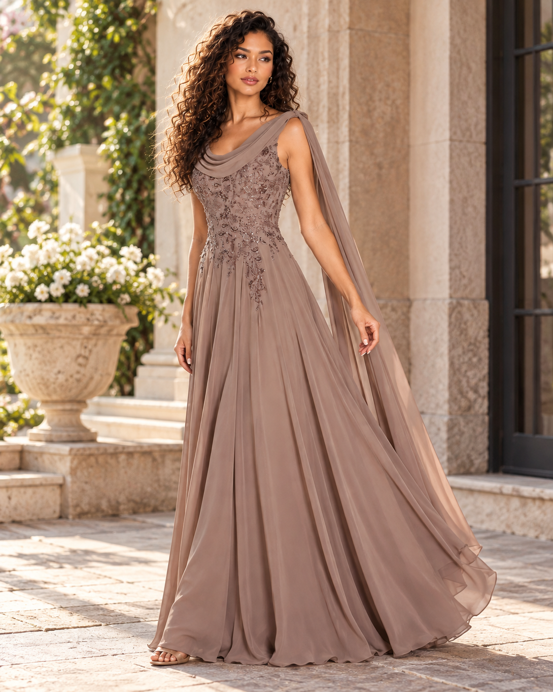 Long Cape Sleeves Chiffon A-Line Gown