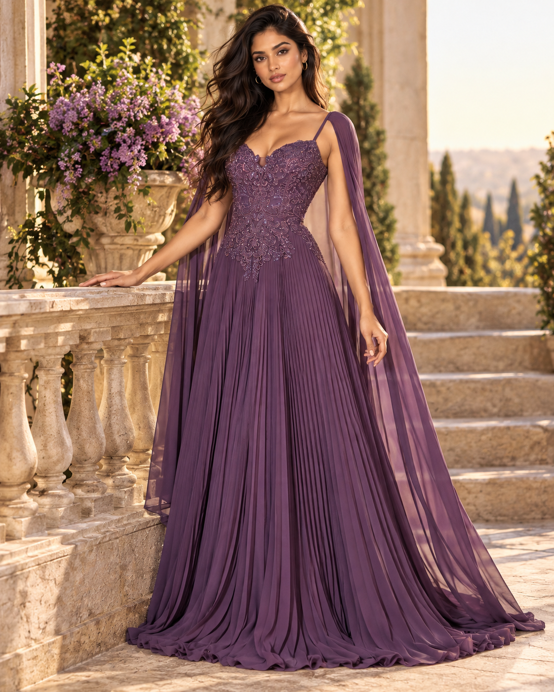 Pleated A-Line Gown with Cape Sleeves