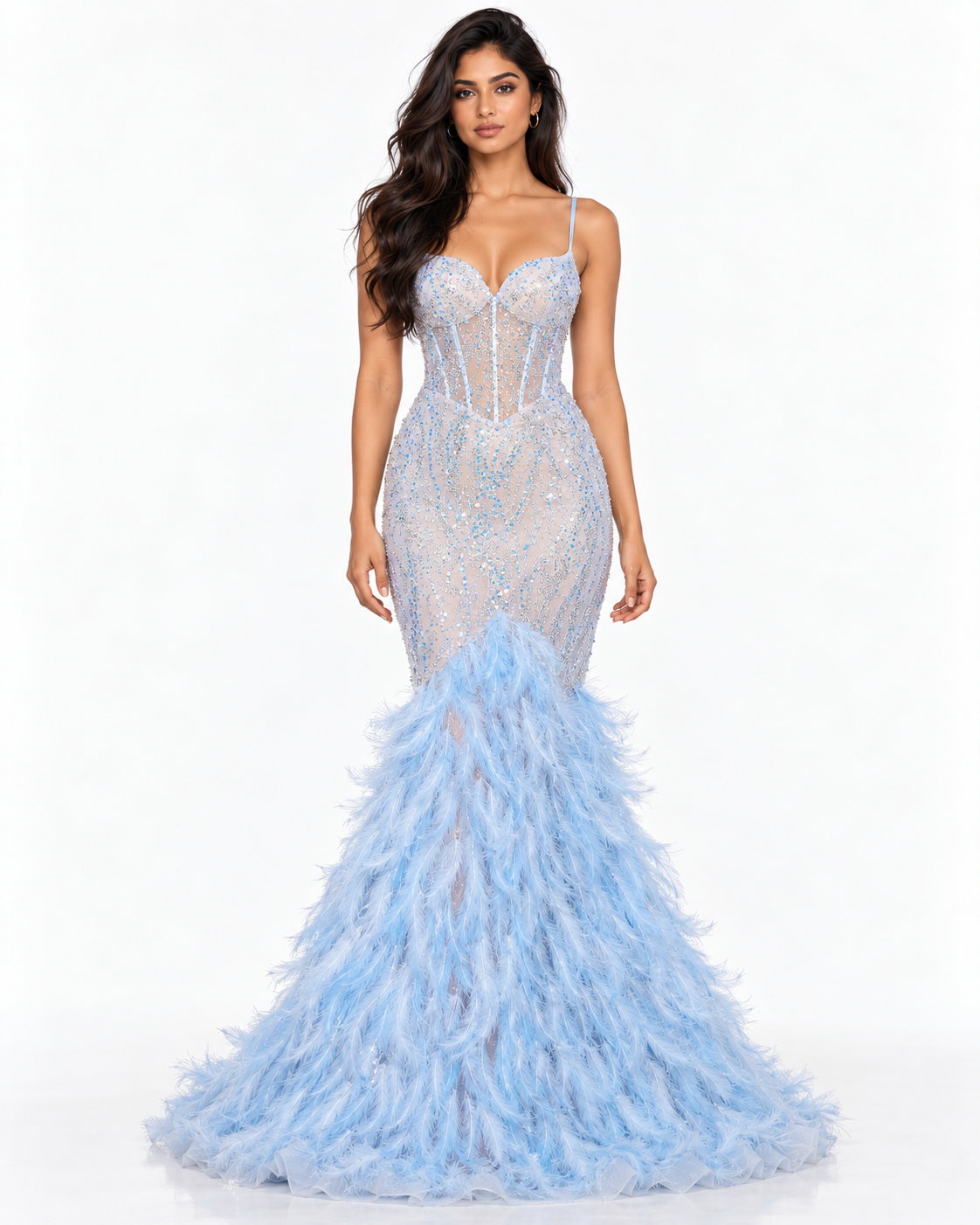 Embellished Mermaid Gown with Feather Train