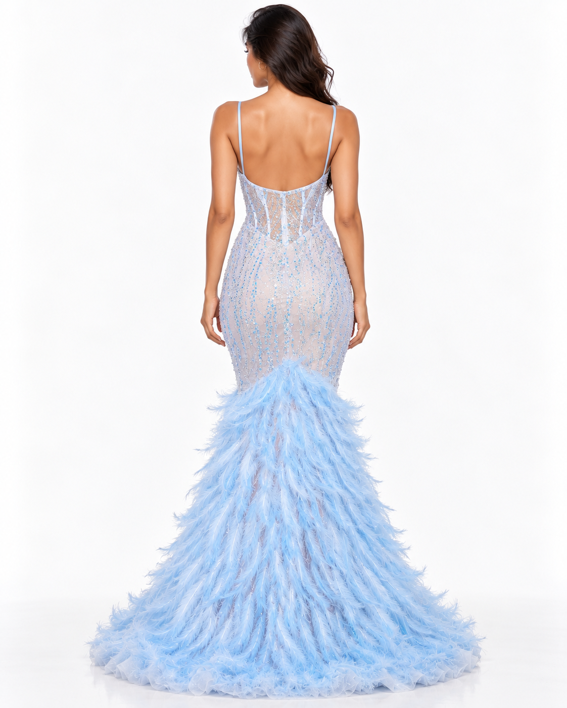 Embellished Mermaid Gown with Feather Train