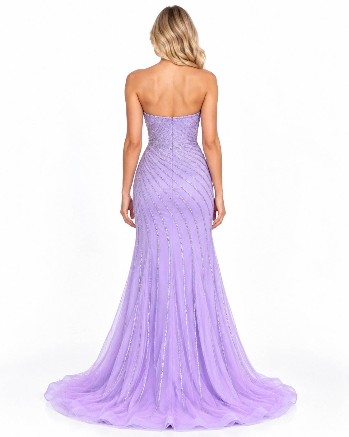 Strapless Fitted Beaded Glitter Gown with Leg Slit