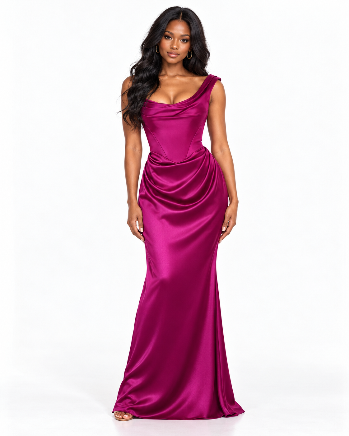 One Shoulder Draped Neckline with Ruched Waist Detailing