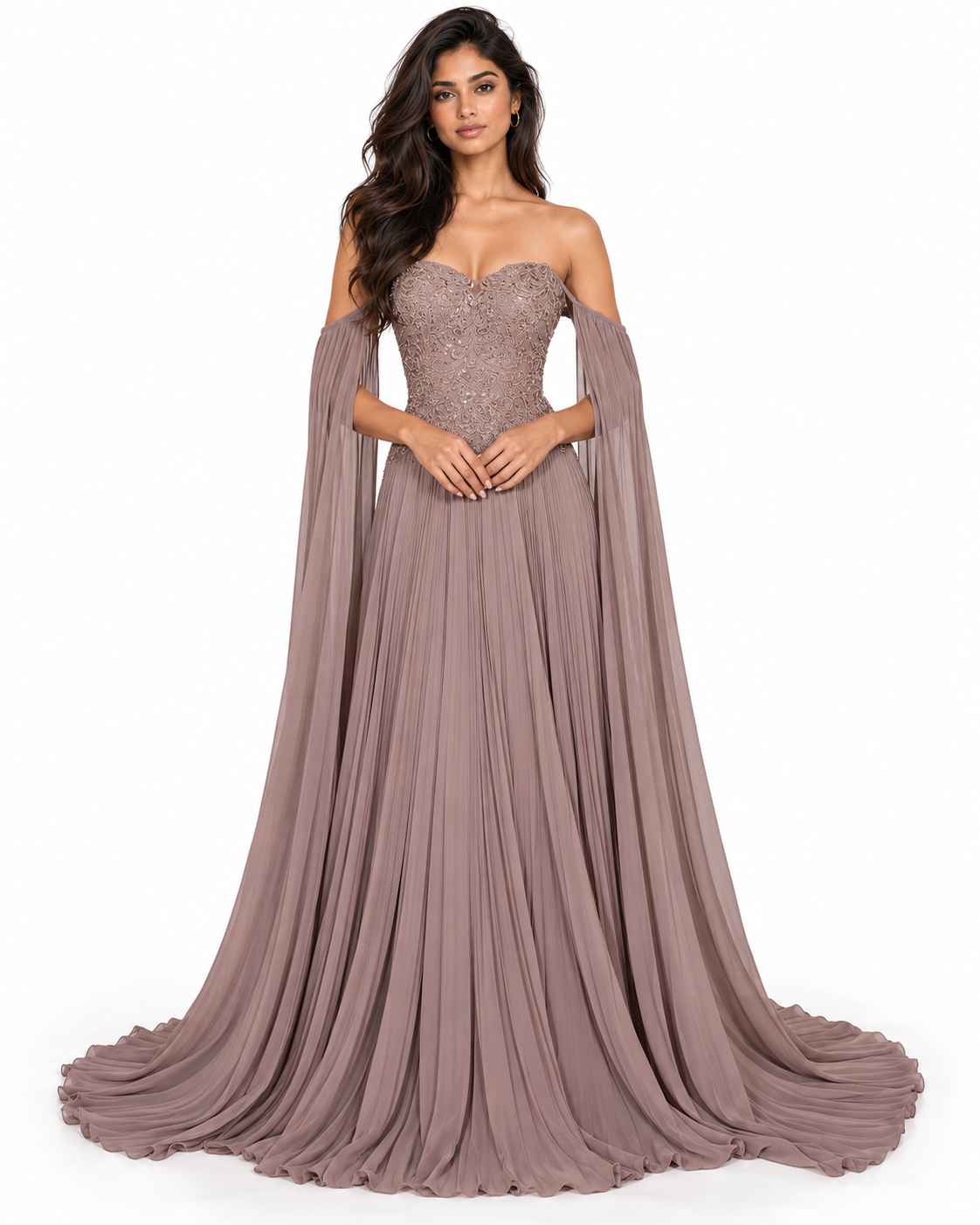 Pleated A-Line Gown with Cape Sleeves