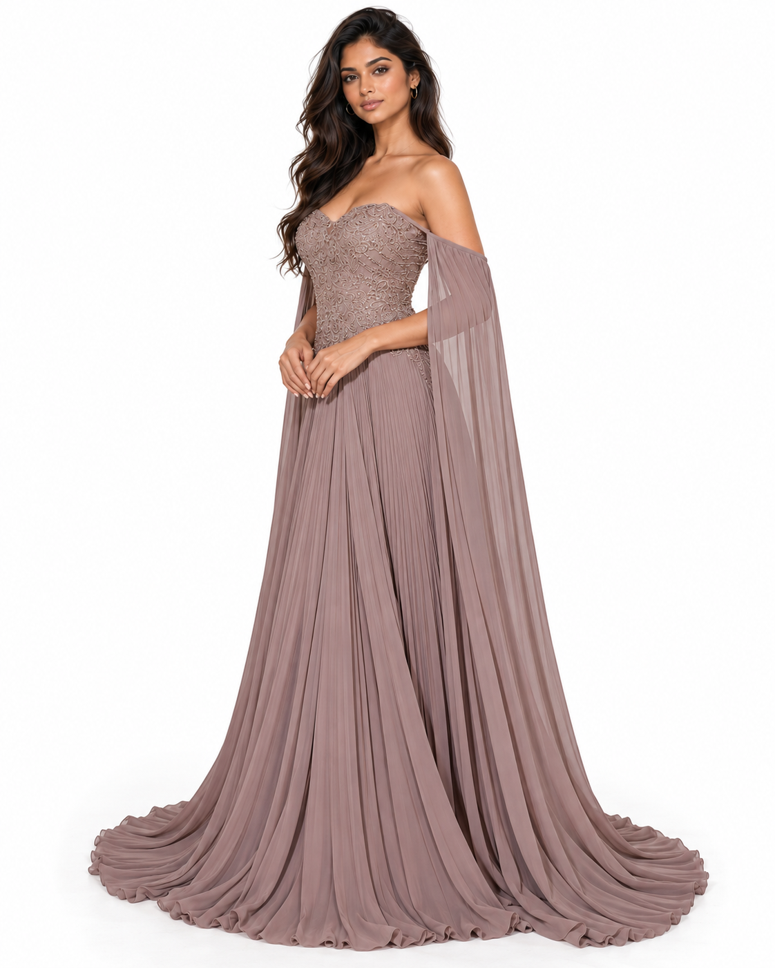 Pleated A-Line Gown with Cape Sleeves