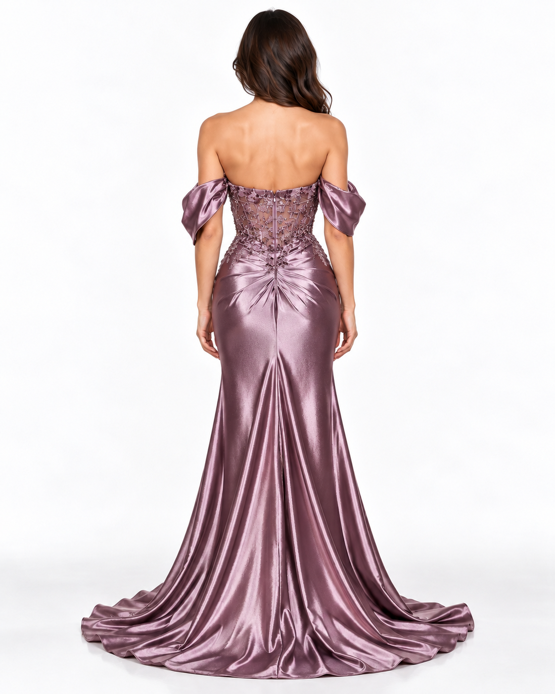 Off the Shoulder Satin Fitted Dress with Lace Details & Slit