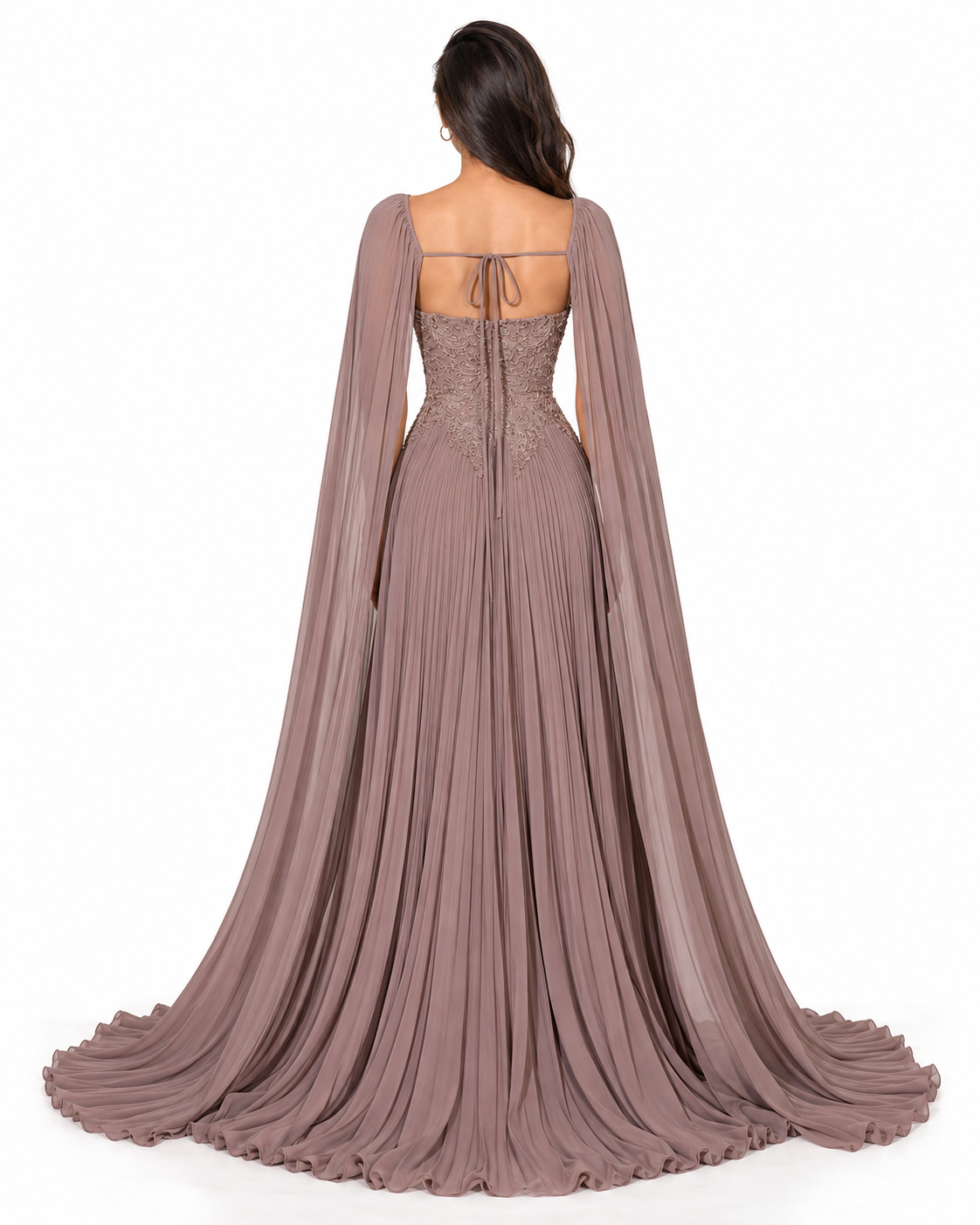 Pleated A-Line Gown with Cape Sleeves