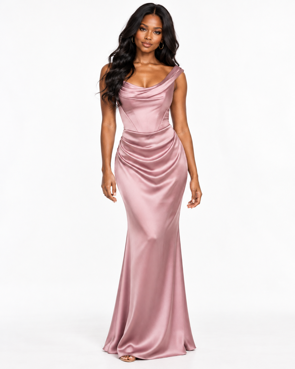 One Shoulder Draped Neckline with Ruched Waist Detailing