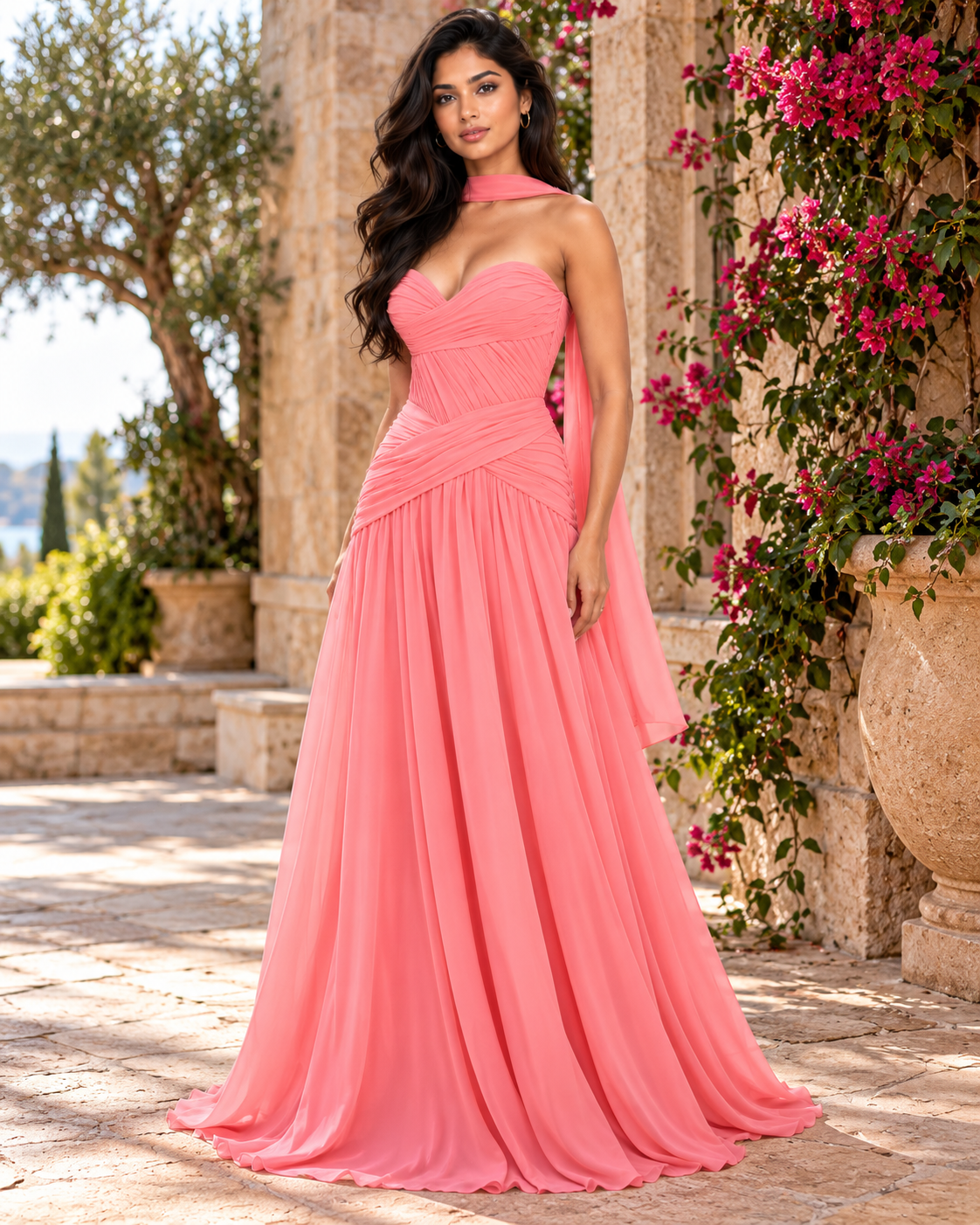 Sweetheart Chiffon A-Line Gown with Scarf