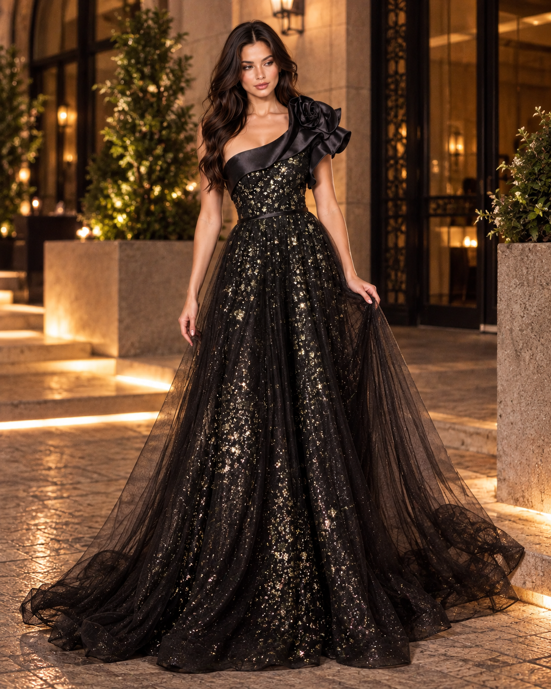 One Shoulder Black Ball Gown