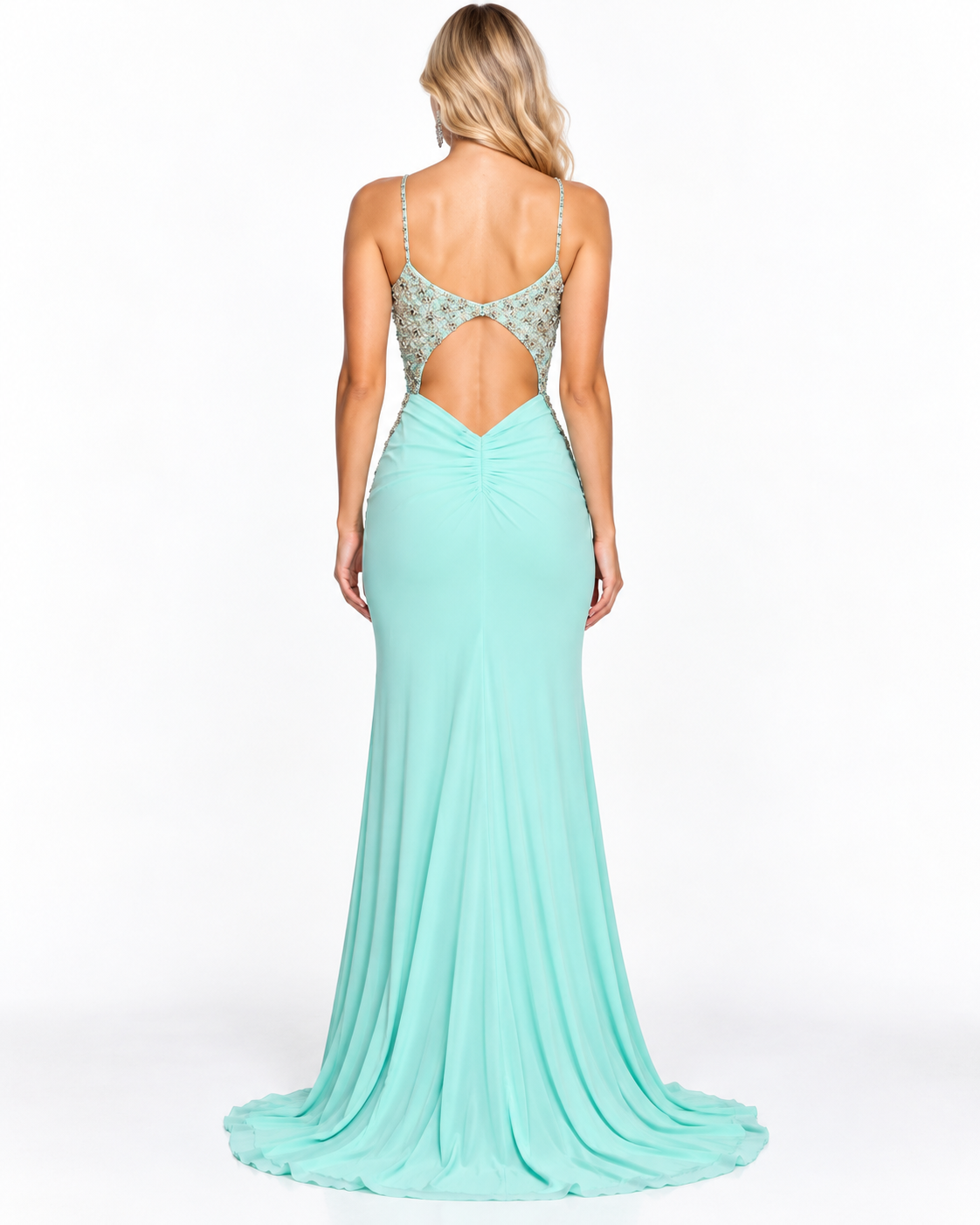 Fitted Stretch Net Gown with Beaded Bodice and Leg Slit