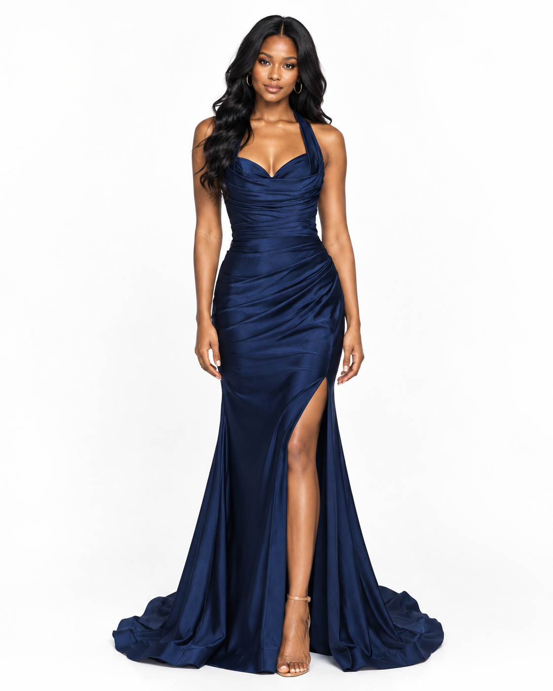 Stretch Satin Halter Fitted Dress