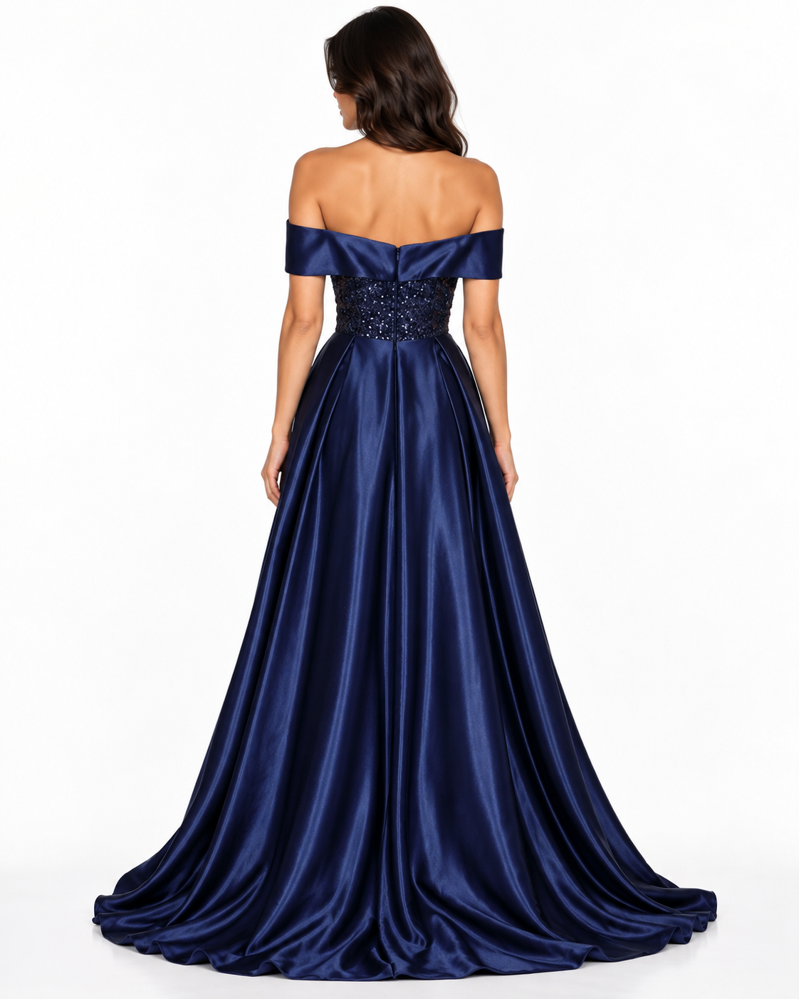 Off Shoulder Satin & Sequin Ball Gown with Leg Slit