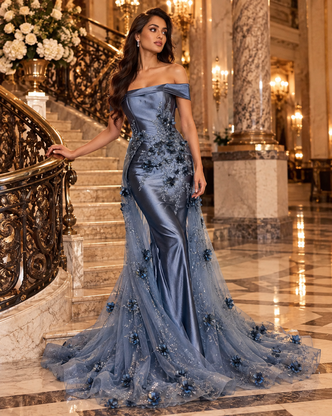 Embellished Satin Fitted Gown with Tulle Overskirt