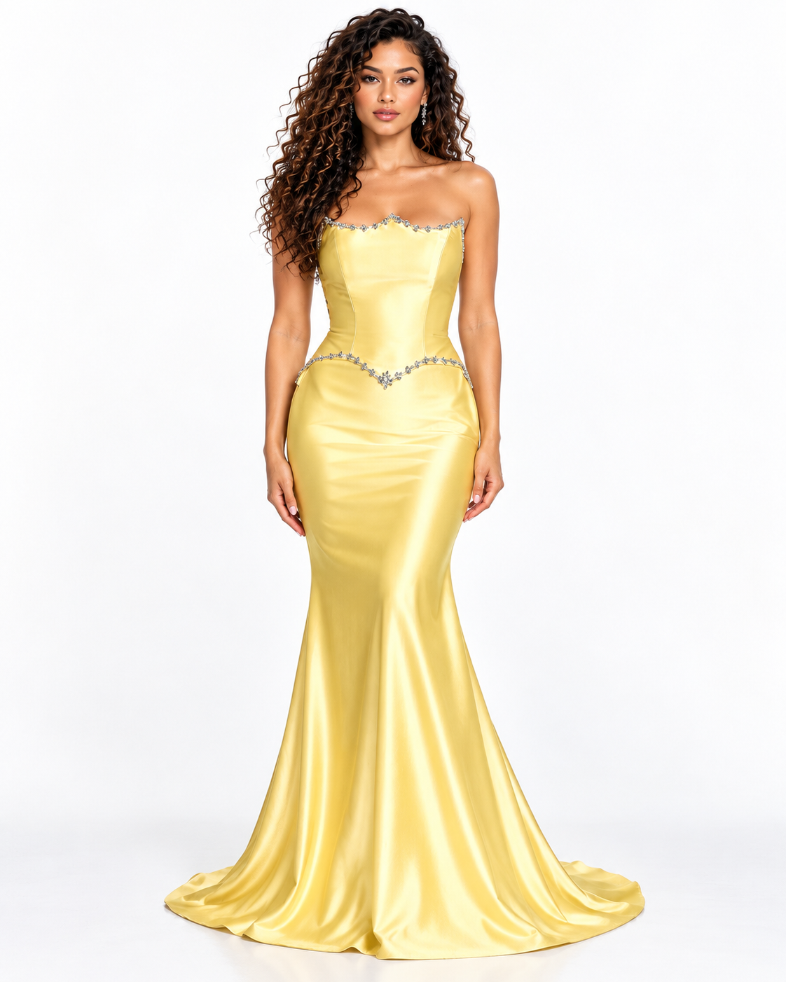 Strapless Neckline Gown with Crystal Trimmed Bodice