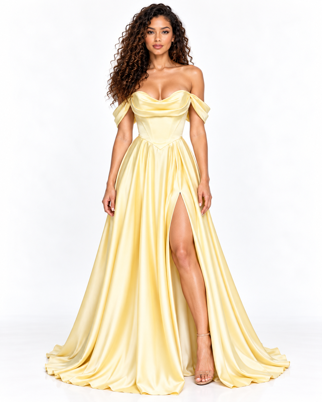 Off-the-Shoulder Pleated Satin A-Line Gown