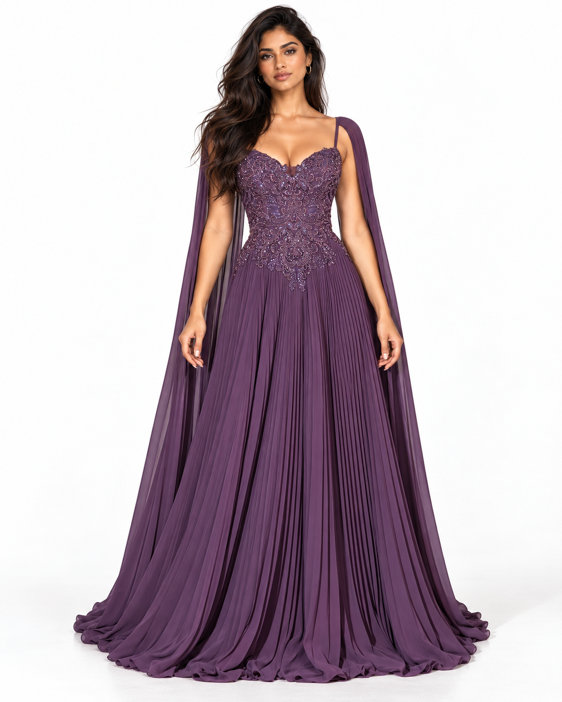 Pleated A-Line Gown with Cape Sleeves