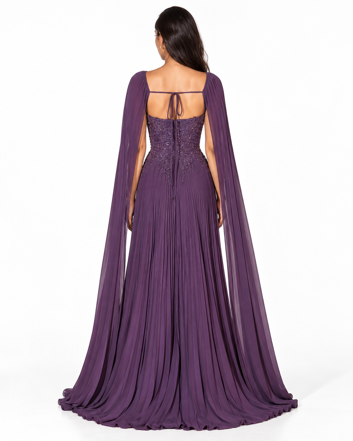 Pleated A-Line Gown with Cape Sleeves