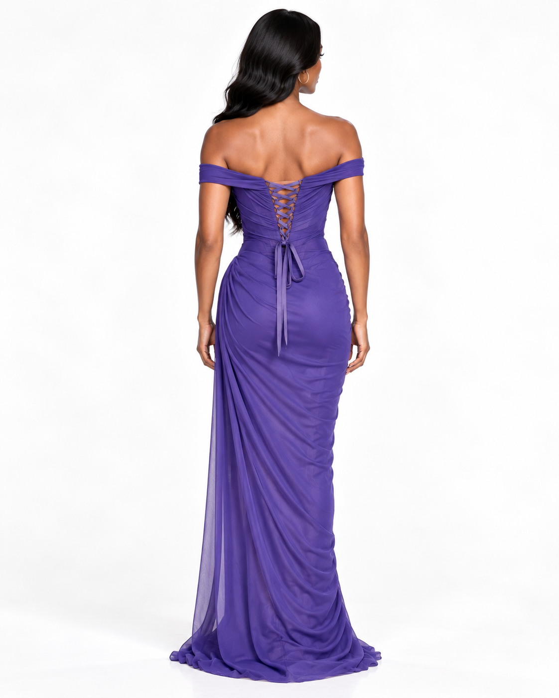 Off-the-Shoulder Draped Neckline Ruched Gown