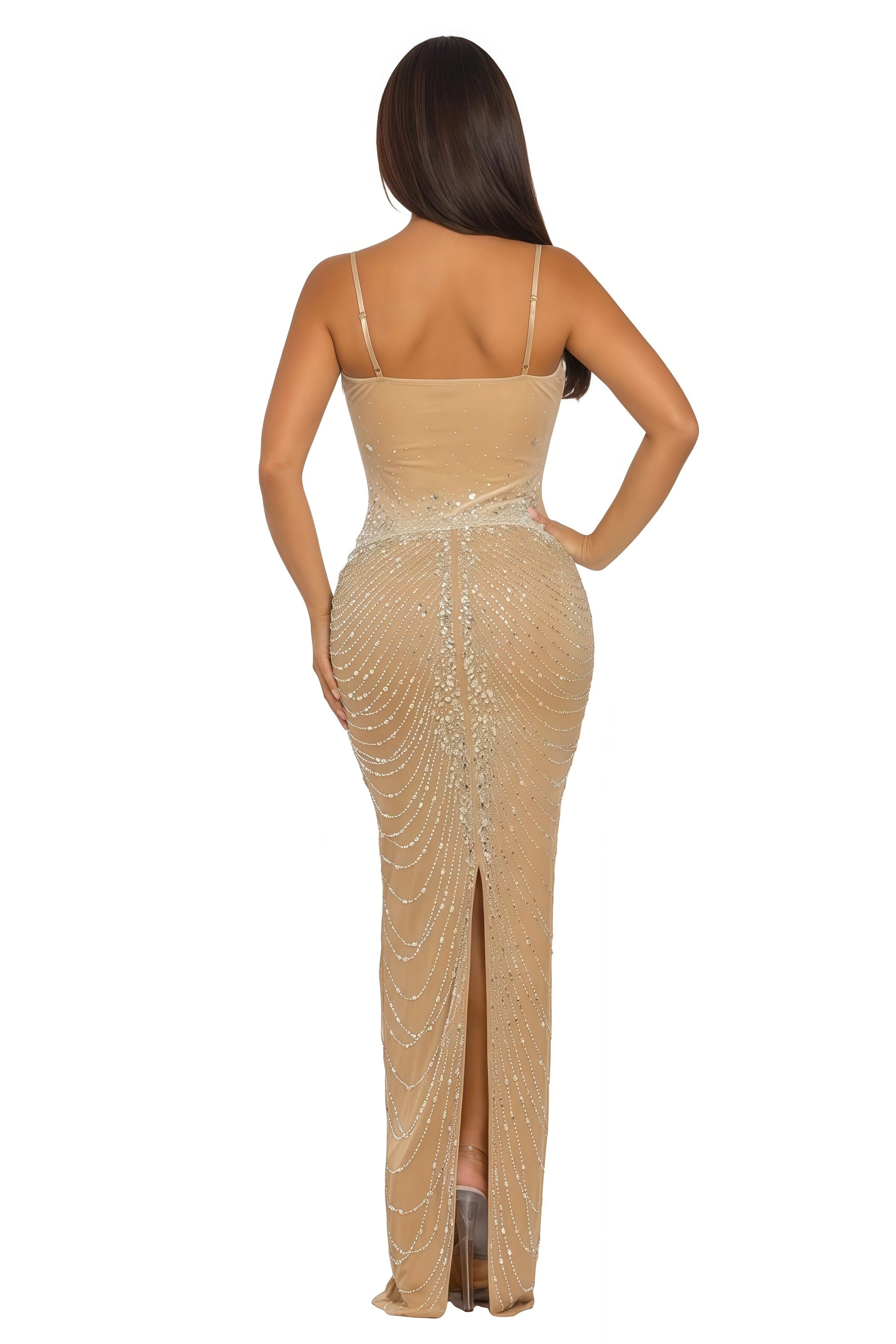 Rhinestone Embellished Hourglass Sleeveless Column Maxi Dress
