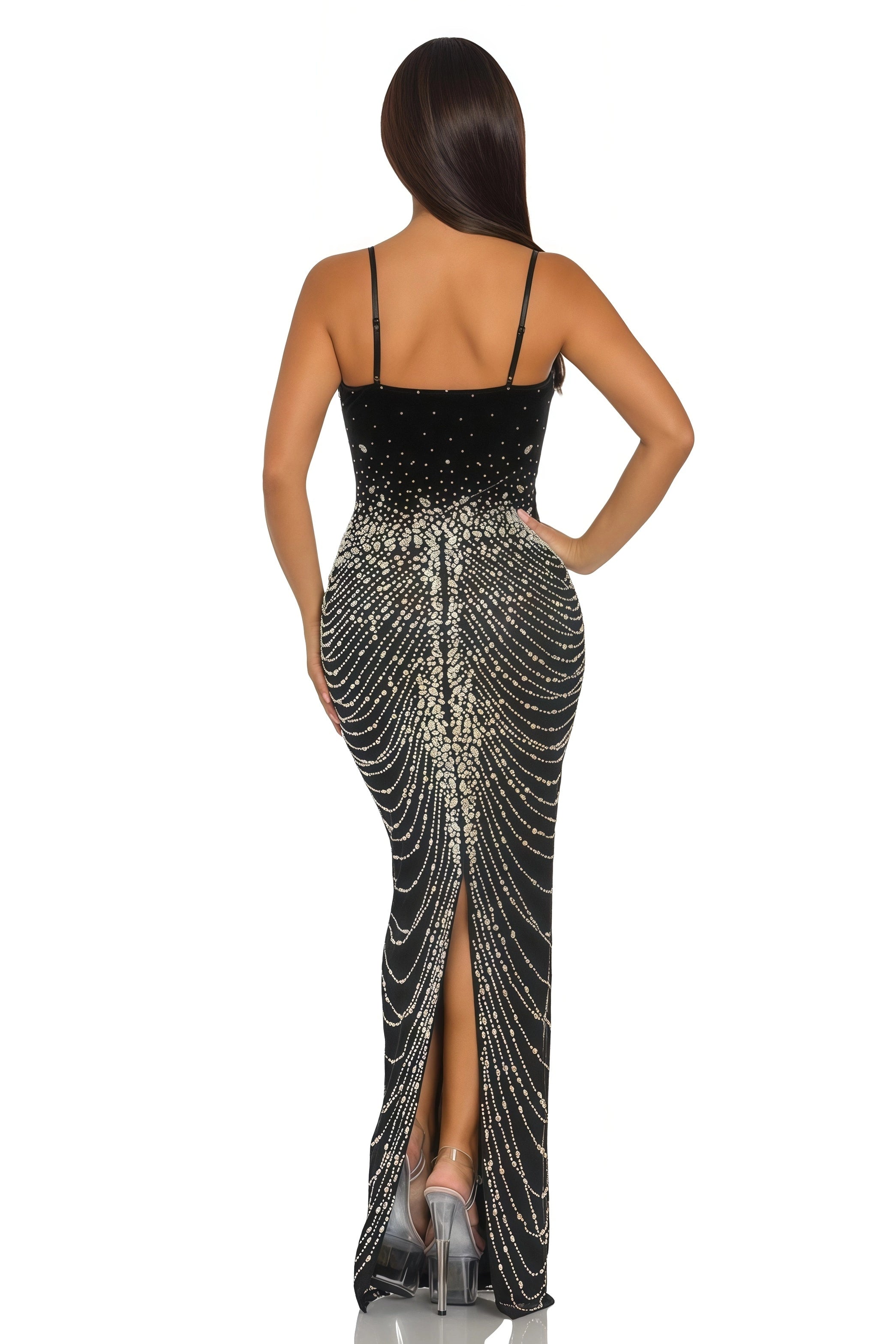 Rhinestone Embellished Hourglass Sleeveless Column Maxi Dress