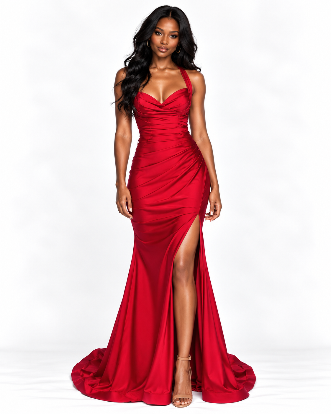 Stretch Satin Halter Fitted Dress